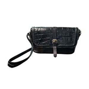 Ashwood Black Croc Embossed Genuine Leather Crossbody Bag Gold Buckle Flap